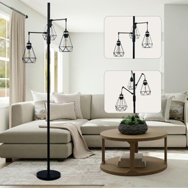 JuGuo 69''Dimmable Floor Lamp，Industrial Tree Floor Lamp with 3 Birdcage Hanging Cage Heads Up-Down Adjustment Branch Strong Base Tall Vintage Pole Light Great for Farmhouse Rustic Bedroom Office