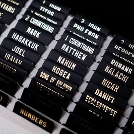 UPAFEXXI-Laminated Bible Tabs (Gold Foil Embossed Lettering), Bible Tabs for Women and Men, Reposition Large Print Stickers, Easy to Read and Apply, 80Chapters Labels for Easy Navigation(Black)