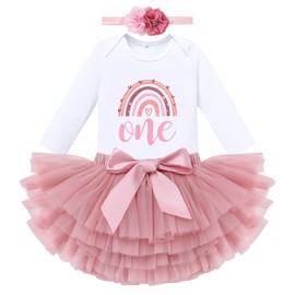 FYMNSI Baby Girl Boho Rainbow 1st / 2nd Birthday Outfit, Short Sleeve Romper, Tutu, Skirt, Headband, 3-Piece Party Clothing Set
