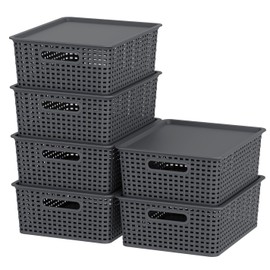 Taysisiter 13 Quart Plastic Storage Baskets with Lid, Weave Organizing Bins, Gray, 6 Packs