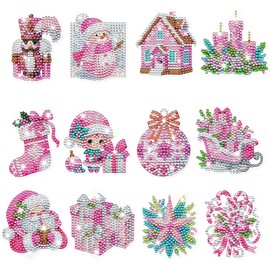 Pink Christmas Diamond Art Magnets, 12 Pcs Holiday Diamond Painting Fridge Magnet Kit, Xmas Magnetic Stickers Gifts, DIY Crafts Home Decorations for Adults Kids Beginners