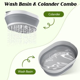 JHZWD 2 in 1 Collapsible Sink Basin - 5.3 QT Foldable Fruit Washing Bowl with Strainer - Silicone Collapsible Colander for Kitchen Organization RV Camping