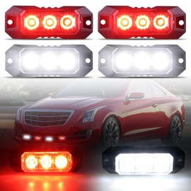 Raryloy 3-LED Surface Mount Strobe Lights for Trucks Car Vehicle Mini Grille Flashing Light Head Emergency Hazard Warning Grill Lamp Ultra Slim 4pcs Sync Feature (Red&White)
