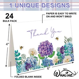 Whaline 24 Pack Floral Thank You Cards Bulk Hydrangea Greeting Cards with Envelope Sticker Watercolor Blue Purple Flower Blank Note Cards for Wedding Birthday Baby Shower Party, 4 x 6 Inch