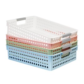 A4 Paper Trays for Classroom with Grip Handles,Book Baskets for Library, Drawers, Office, Home,Desk,Turn in Trays Classroom Plastic Storage Baskets, (4, Light Color)