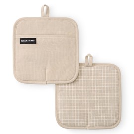 KITCHENAID Gourmet Series Gridlines Pot Holders 2-Pack Set, Heat Resistant up to 600°F, Soft Silicone Grip, Magnetic Cuff, Milkshake Tan, 8"x8"