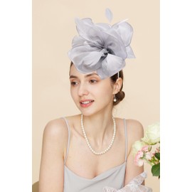 Gionforsy Fascinators Hats for Women Feather Headband Hats with Pearl Necklaces Lace Gloves Wedding Veil Hat (US, Alpha, One Size, Grey)