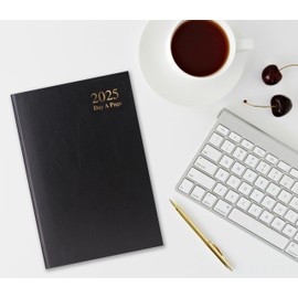 2025 A4 Day a Page Diary Full Year Hardback Organiser Casebound Planner - Black