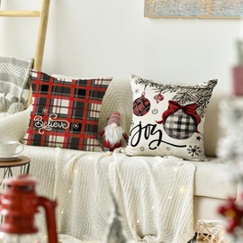 AVOIN colorlife Winter Snowman Joy Snowflake Christmas Throw Pillow Covers, 12 x 20 Inch Red Xmas Tree Winter Holiday Buffalo Plaid Cushion Case Decoration for Sofa Couch Set of 4