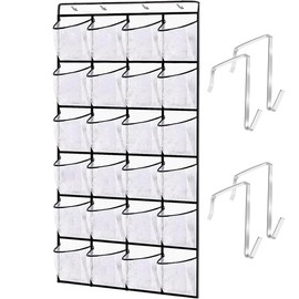 CCSGUI Store 24 Pockets Over the Door Shoe Organizer, Hanging Shoe Organizer for Door with 24 Mesh Pockets Large Capacity Shoe Hanging Storage Bag with 4 Metal Hooks (White-1Pack)