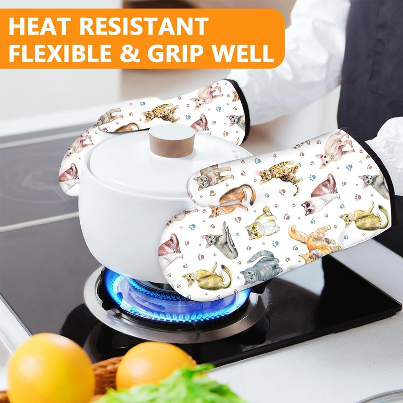 Cute Cats Oven Mitts and Pot Holders Sets 4Pcs,Extra Long