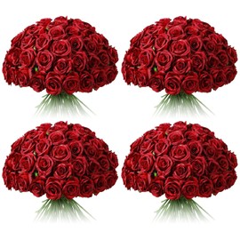 Tifuly - 100 piezas de flores artificiales de rosas rojas a granel, ramo realista de rosas de seda falsa de tallo largo para centro de mesa de boda, jarrones, fiesta, decoración del hogar y cocina