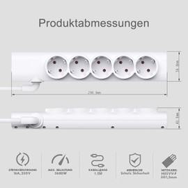 UCOMEN 5-Way Power Strip with Rotating Cable - 1.5 m Cable & Touch Protection - Sockets 45° Rotated Multiple Socket Indoor - 16A, 3680W, White