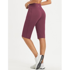 Baleaf - Bermudas largas para mujer, de 14 pulgadas, longitud a la rodilla, pantalones cortos deportivos de cintura alta, con bolsillos, elásticos para verano, holgados, Rojo vino, X-Small