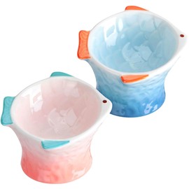EubooTree Ceramic Raised Cat Food Bowls Set of 2, Whisker Friendly Cat Bowl, Non Slip, Cute Fish Shape Tilted Cat Feed Bowls Vomit Prevention for Flat Faced Cats and Kitten(Blue, Pink)