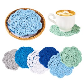 Doilies Crochet Coasters Set of 12 Cotton Lace Round Handmade Vintage Coasters with Bamboo Stroage Basket for Drinks Cups Dresser Runners Placemats Plant Mats for Autumn Wedding Tea Party (Blue)