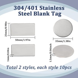 SUNNYCLUE 1 Box 20Pcs 35mm Metal Stamping Blanks Bulk Stainless Steel Stamped Flat Round Rectangles Silver Engravable Blank Plates for Engraving DIY Jewelry Craft Necklaces Earrings Making Supplies