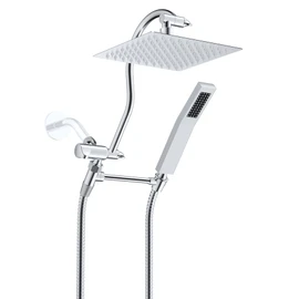 Hibbent All Metal Shower Head, 8'' High Pressure Rainfall Shower Head, Showerhead Combo/Handheld Shower Wand, 12'' Adjustable Curved Shower Extension Arm, 71'' Hose, 2 Shower Head Holders, Chrome