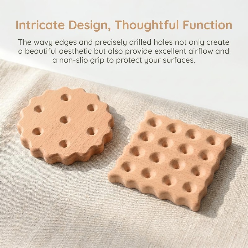 Wooden Biscuit-Shaped Coasters, Round and Square Cookie Style, Beechwood, 3.5