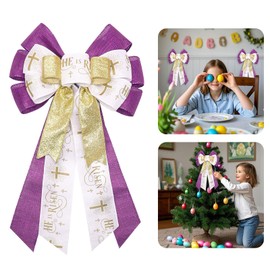 Glodecart Large Easter Bow for Wreath, Glitter Purple Religion Christian Cross Wreath Bow for Front Door Indoor Outdoor Wall Tree Topper Decoration Party Supplies Hanging Ornament Religion Themed Bow