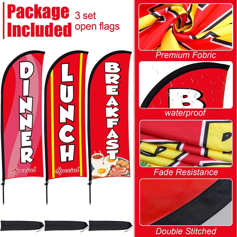 Buryeah 3 Sets Breakfast Lunch Dinner Feather Flags for BBQ
