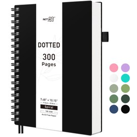 RETTACY Bullet Dotted Journal Notebook, 300 Pages, B5 Medium Size (7.4'' × 10''), 100 GSM Thick Paper, Flexible Plastic Cover, Spiral-bound, for Bullet Journaling, Planning, Tracking (Black)