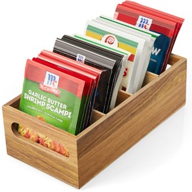 DRASTAR Pantry Organization and Storage Bins, Seasoning Packet Organizer with Removable Dividers,Wooden Storage Caddy for Kitchen, Pantry, Cabinet, Countertop, Acacia