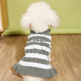 Jecikelon Striped Dog Sweater Dress Knit Turtleneck Puppy Clothes Winter Warm Pet Knitwear Dresses for Small Dogs Cats Pullover Outfits with Pom Pom Ball (XX-Small, Gray)