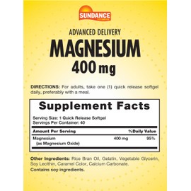 Sundance Magnesium 400mg | 40 Advanced Delivery Softgels | Essential Mineral Supplement | Non-GMO and Gluten Free Formula