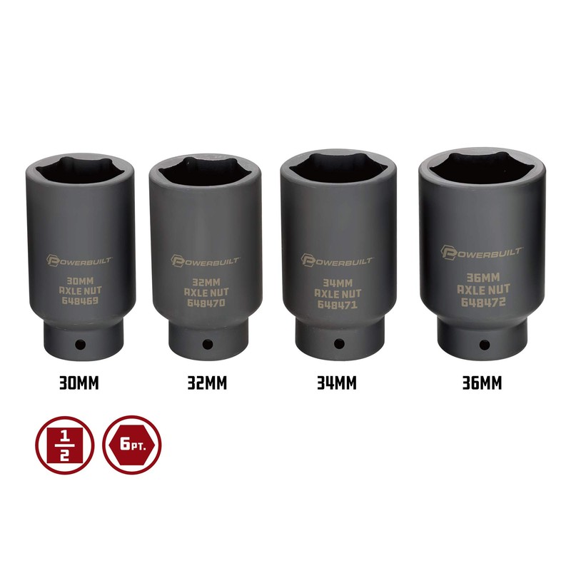 Powerbuilt 4 Piece Axle Nut Socket Set, 30mm 32mm 34mm