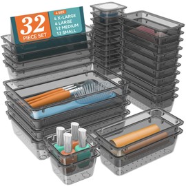 WOWBOX 32 PCS Clear Plastic Drawer Organizer Set, 4 Sizes Desk Drawer Organization and Storage Containers for Makeup, Cosmetics, Jewelry and Gadgets in Kitchen, Bathroom, Bedroom, Office, Clear Black