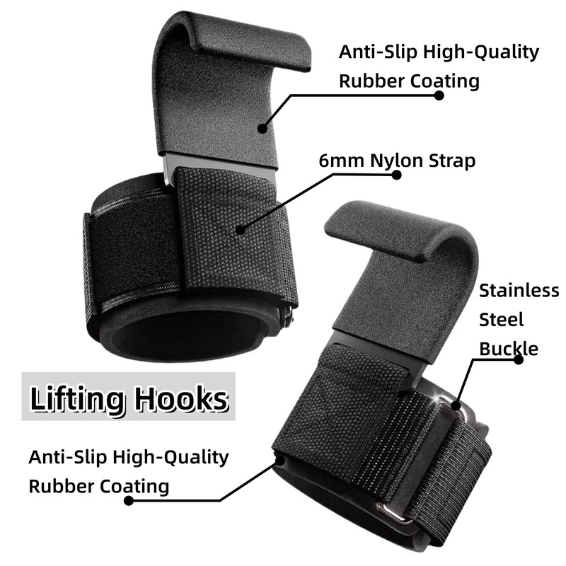 Weight Lifting Wrist Straps and Hooks Set - Black, Reinforced