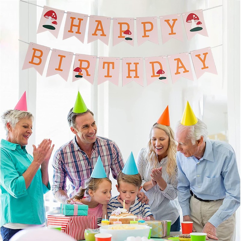 KUNGOON Mushroom Happy Birthday Party Banner,Multi Layer Paper Decor for