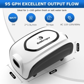 Fishkeeper 5W 90GPH High-Output Aquarium Air Pump, Ultra-Quiet Dual Outlet Adjustable Oxygen Aerator Pump for 1-160 Gallon Fish Tank Bubbler with Air Stones & Check Valves & Y-Splitter