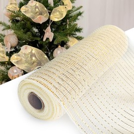 JKJG Christmas Tree Ribbon, Christmas Mesh Ribbon Wired Ribbon Christmas Ribbon for Christmas Tree Gift Craft Ornaments Decoration (26cm×10feet) (Gold)