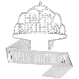 Ondder Birthday Sash and Crown Silver Happy Birthday Tiara and Sash for Women Girls Glitter Happy Birthday Sash Birthday Party Decorations Gifts for Her Birthday Party Favors Supplies for Women Girls