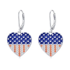 Cargari American Flag Earrings for Women, 925 Sterling Silver Heart Red White and Blue Birthstone Leverback Dangle Earrings, Independence Day Earring 4th of July Patriotic Jewelry Gift