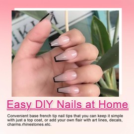 Ceboic French Press on Nails, 240Pcs Medium Coffin Fake Nails Black Tip French False Nail Kit, Full Cover Stick on Nails with Nail File, Cuticle Pusher and Glue, Nude Color Nail Tips for Women Girls