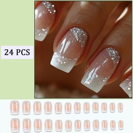 24Pcs White French Tip Press on Nails Square Medium Length Fake Nails White Ombre False Nails with Silver Glitter Designs Glossy Artificial Nails Acrylic Glue on Nails Natural Stick on Nails for Women