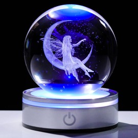 Movdyka 3D Crystal Ball Moon & Fairy Figurines Decor Gifts for Women Girls with Colorful LED Base, Laser Eatch Glass Fairy Statue Snow Globe Home Decor Crafts - 3.15"/8CM