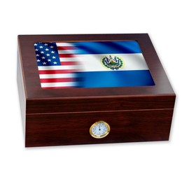 Premium Desktop Humidor - Glass Top - Flag of El Salvador (Salvadorian) - Waves with USA Flag - Cedar lined with humidifier & front mounted hygrometer.