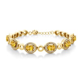 Gem Stone King 18K Yellow Gold Plated Silver Yellow Citrine Tennis Bracelet For Women (6.42 Cttw, Oval 7X5MM, 7 Inch with 1 Inch Extender)