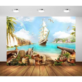 BELECO 1.5 x 1 m Fabric Beach Island Pirate Theme Background Pirate Ship Treasure Chests Barrels Parrot Ocean Sailing Boat Mountain Waterfalls Pirate Background Pirate Theme Party Decorations