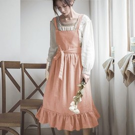 Apron for Women Girls Cute Cotton Linen Kitchen Cooking Apron Dress with Pockets Vintage Ruffle Apron Pinafore Dress Baking Gardening Work Art Painting Florist Shop Overalls Pink-ruffle One Size