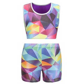 FEOYA - Conjunto de 2 piezas para niñas de gimnasia y danza para ballet activo para niños, playera corta sin mangas con pantalones cortos y pantalones cortos deportivos, Color-3Color-3), 9-10 Años