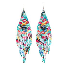 Luluping Long Beaded Tassel Earrings - Big Bohemian Statement Native Beaded Fringe Dangle Earrings for Women, Large Boho Handmade Bead Chandelier Drop Earrings (Green Flower)