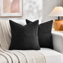 Fancy Homi Black Decorative Throw Pillow Covers 18x18 Inch for Living Room Couch Bed Sofa, Rustic Farmhouse Boho Home Decor, Soft Corss Corduroy Patchwork Textured Square Cushion Case 45x45 cm