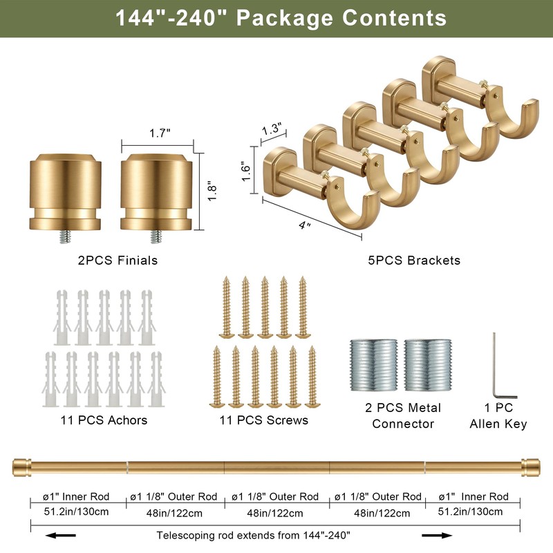 1 1/8 Inch Diameter Curtain Rods 144 to 240 Inches(12-20ft),