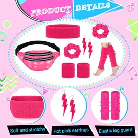 80s Neon Workout Costume Accessories Set 10 PCS Leg Warmers for Women 80s Headband Wristband Fanny Pack for Yoga Running (Hot Pink)