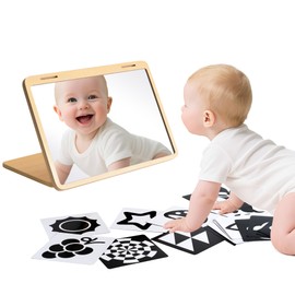 Tummy Time Mirror for Baby - Montessori Adjustable Infant Floor Mirror with Black and White High Contrast Cards